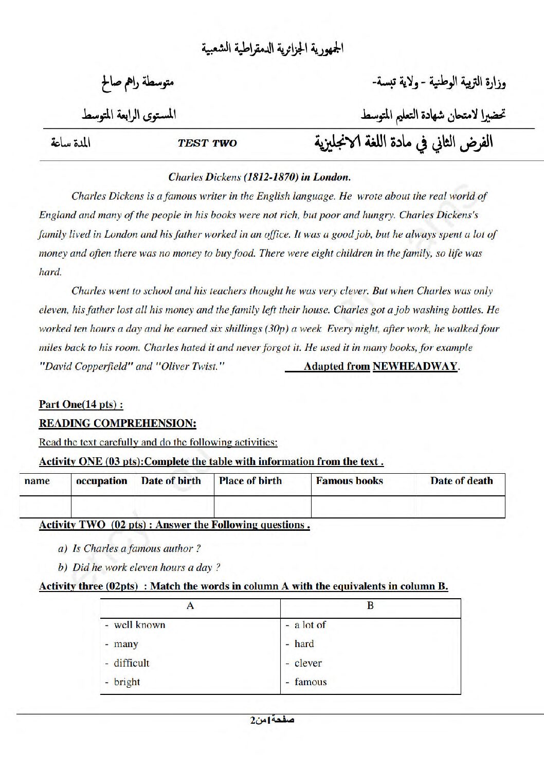 فرض في اللغة الإنجليزية الفصل الثاني السنة الرابعة متوسط رقم 62