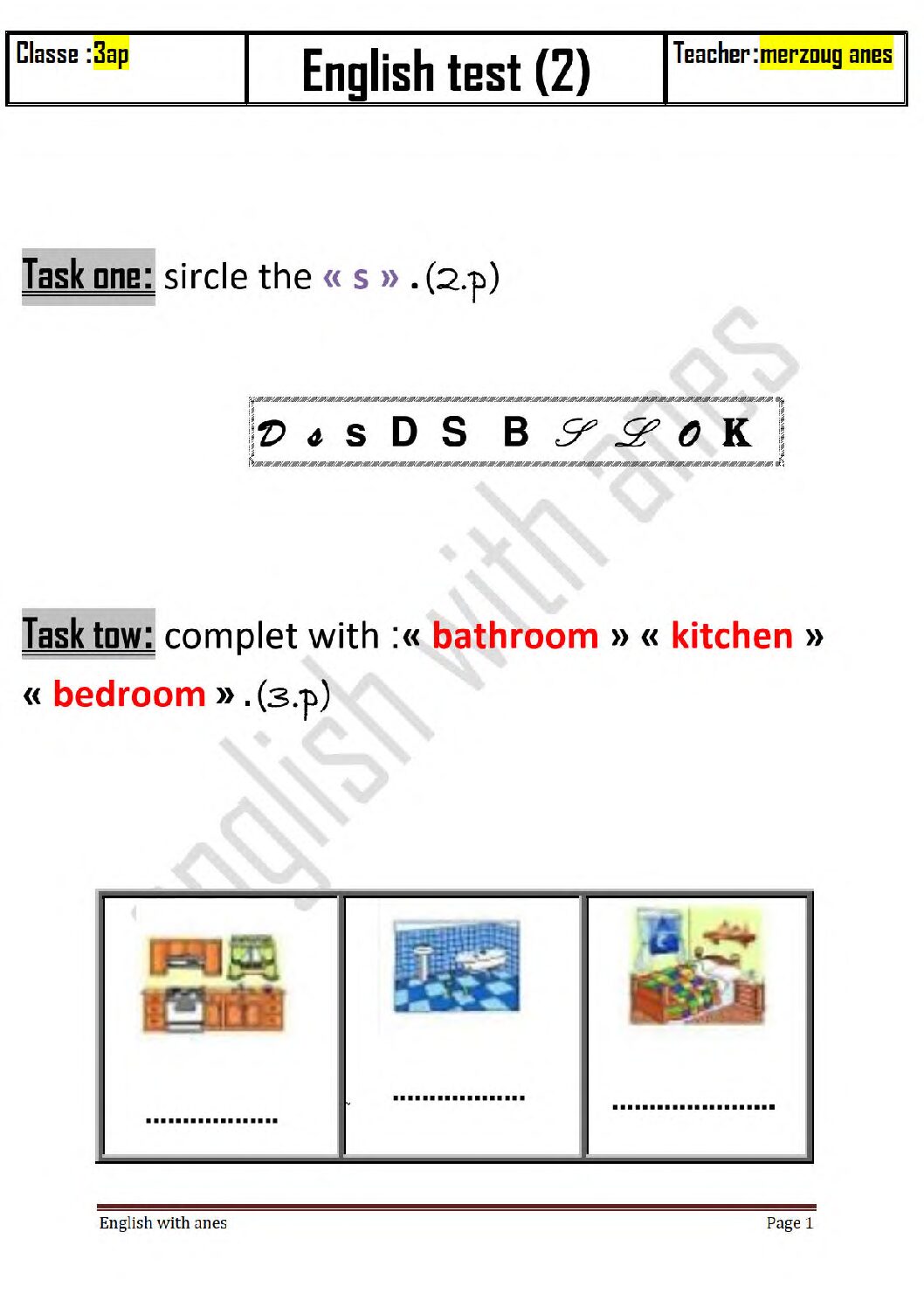 إختبار الفصل الثاني في اللغة الإنجليزية السنة الثالثة ابتدائي رقم 7