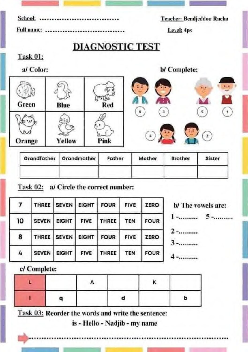 تقويم تشخيصي في اللغة الإنجليزية السنة الرابعة ابتدائي رقم 7