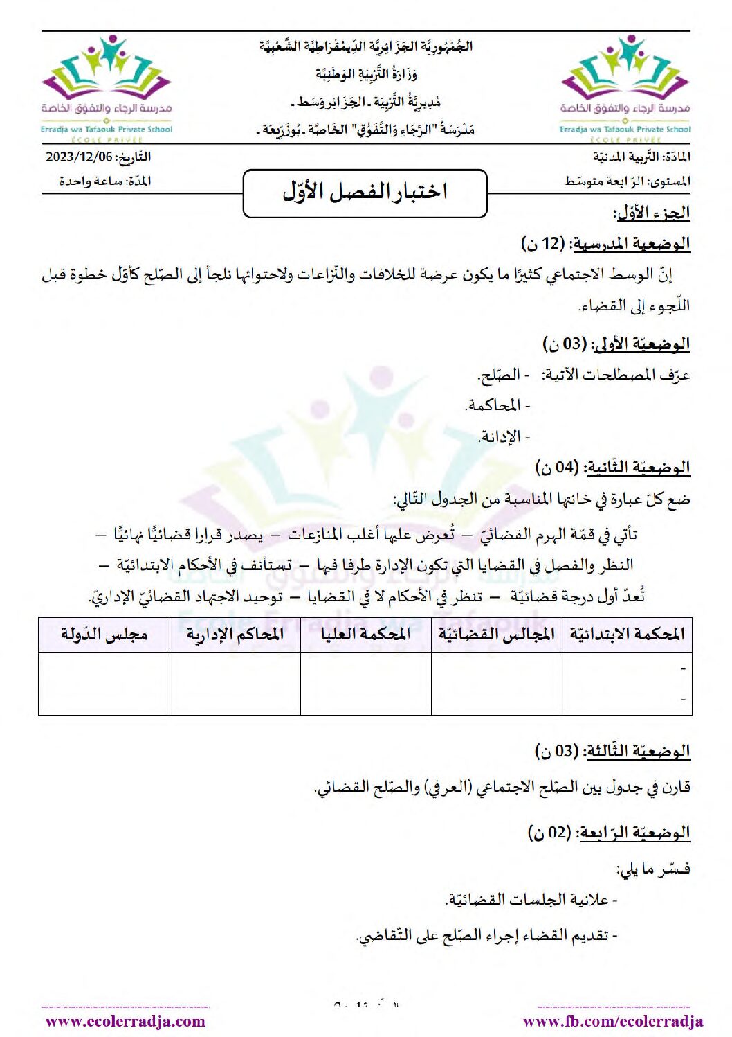 اختبار في التربية المدنية الفصل الأول السنة الرابعة متوسط رقم 70
