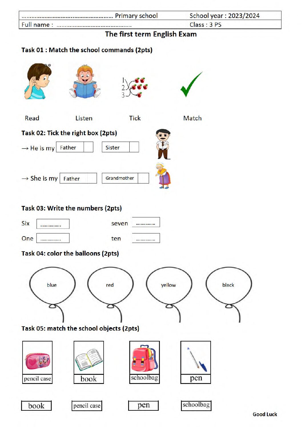 إختبار الفصل الأول في اللغة الإنجليزية السنة الثالثة ابتدائي رقم 8