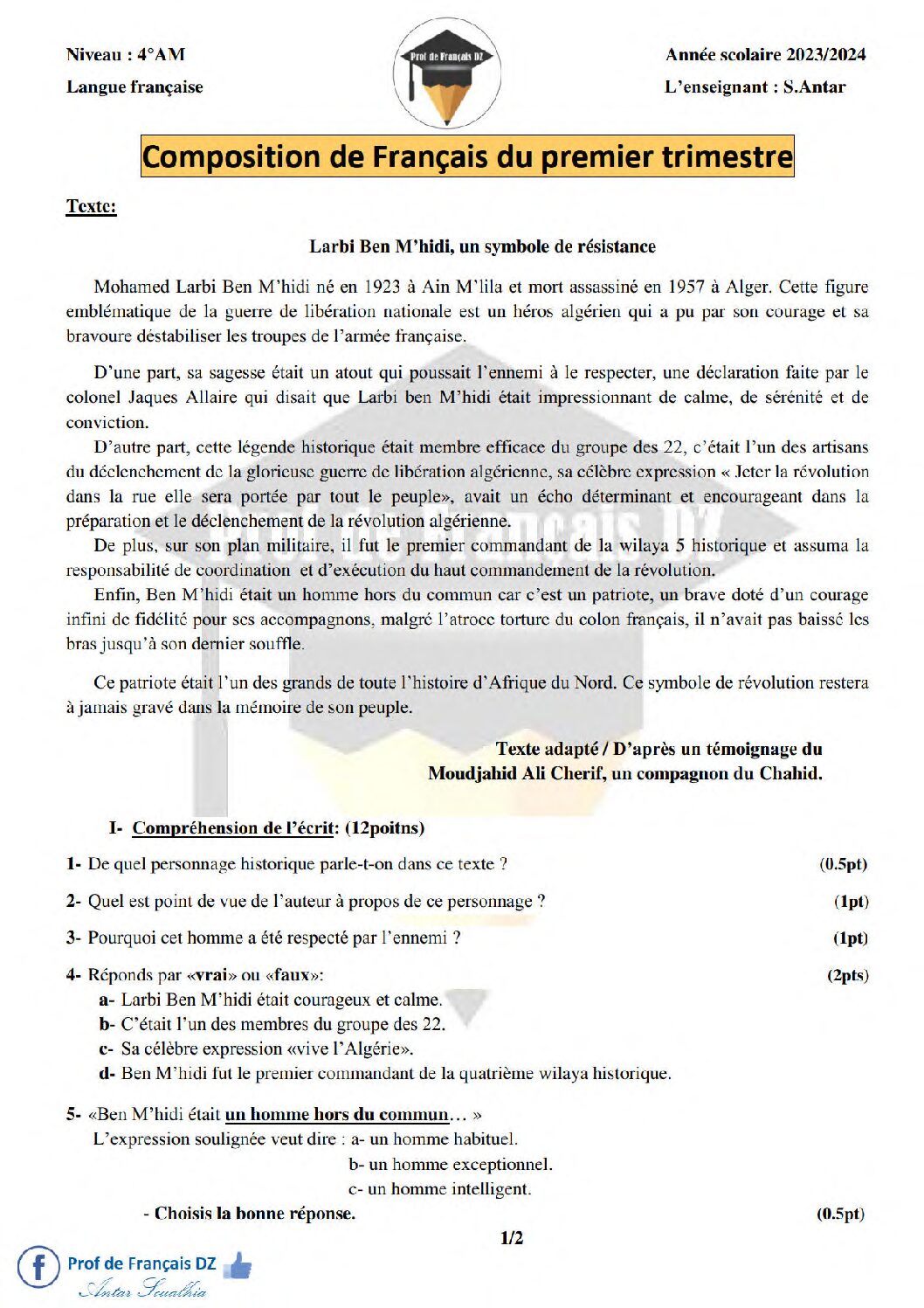 اختبار في اللغة الفرنسية الفصل الأول السنة الرابعة متوسط رقم 80