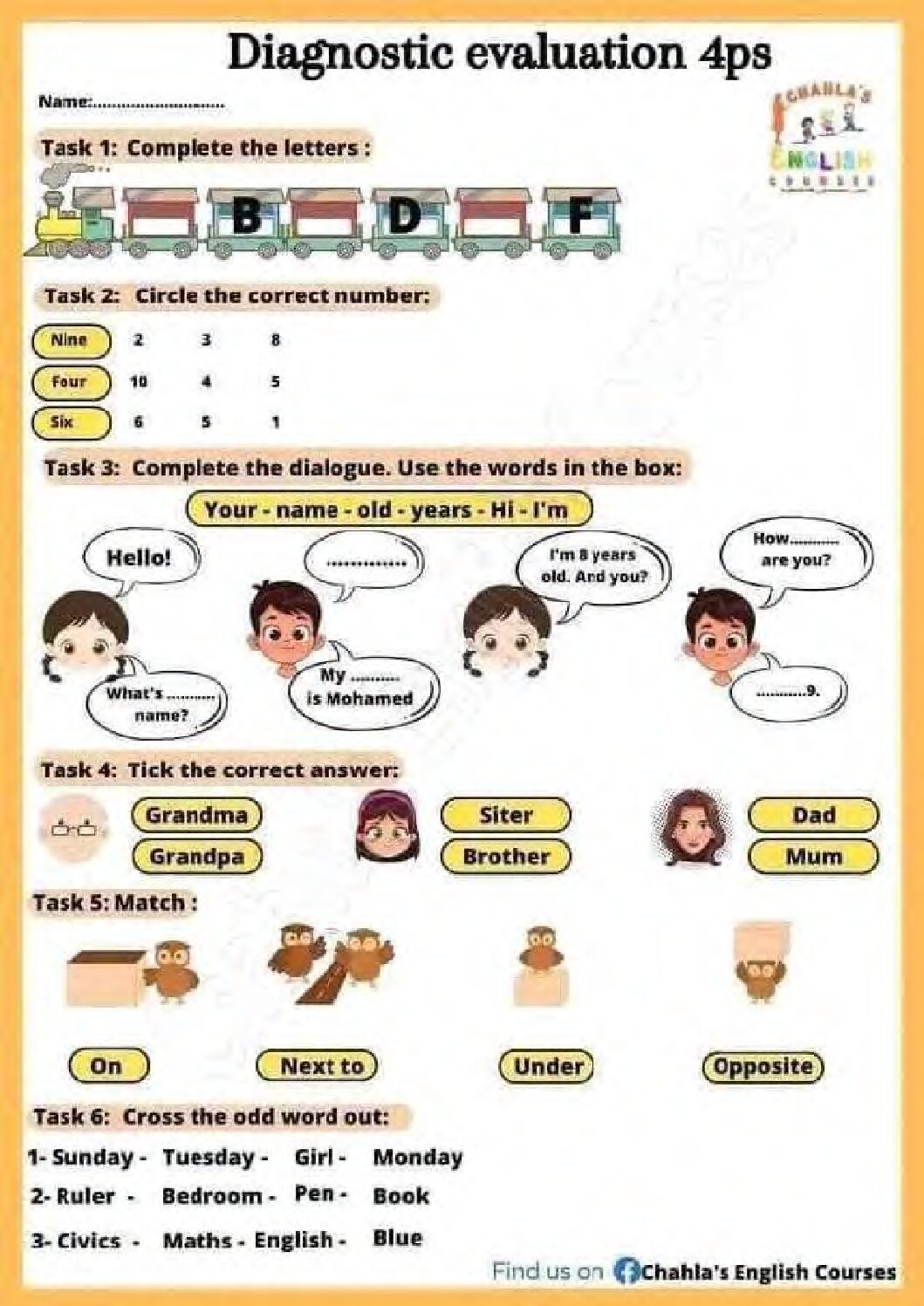 تقويم تشخيصي في اللغة الإنجليزية السنة الرابعة ابتدائي رقم 9