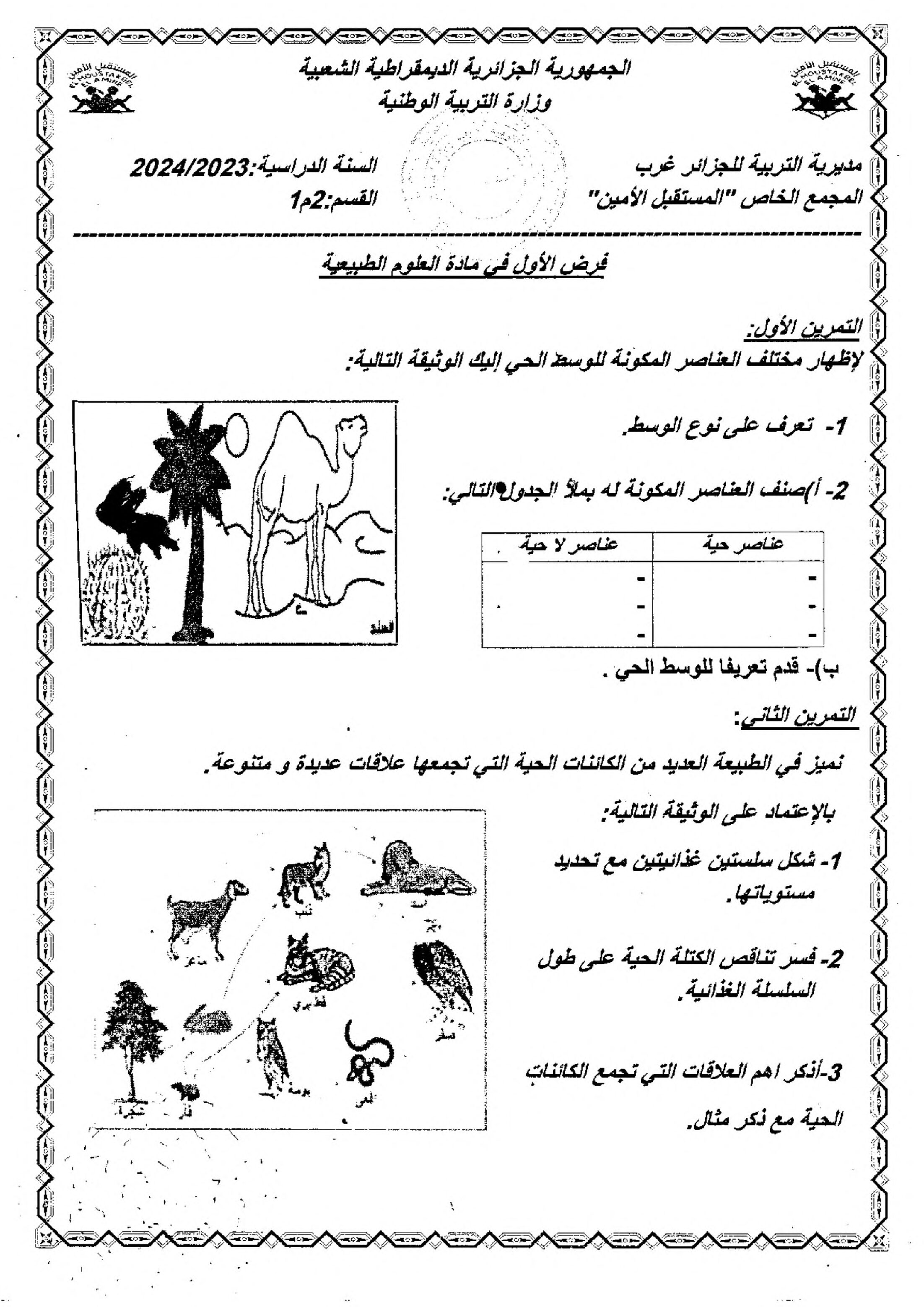 فرض في العلوم الطبيعية الفصل الأول السنة الثانية متوسط رقم 64