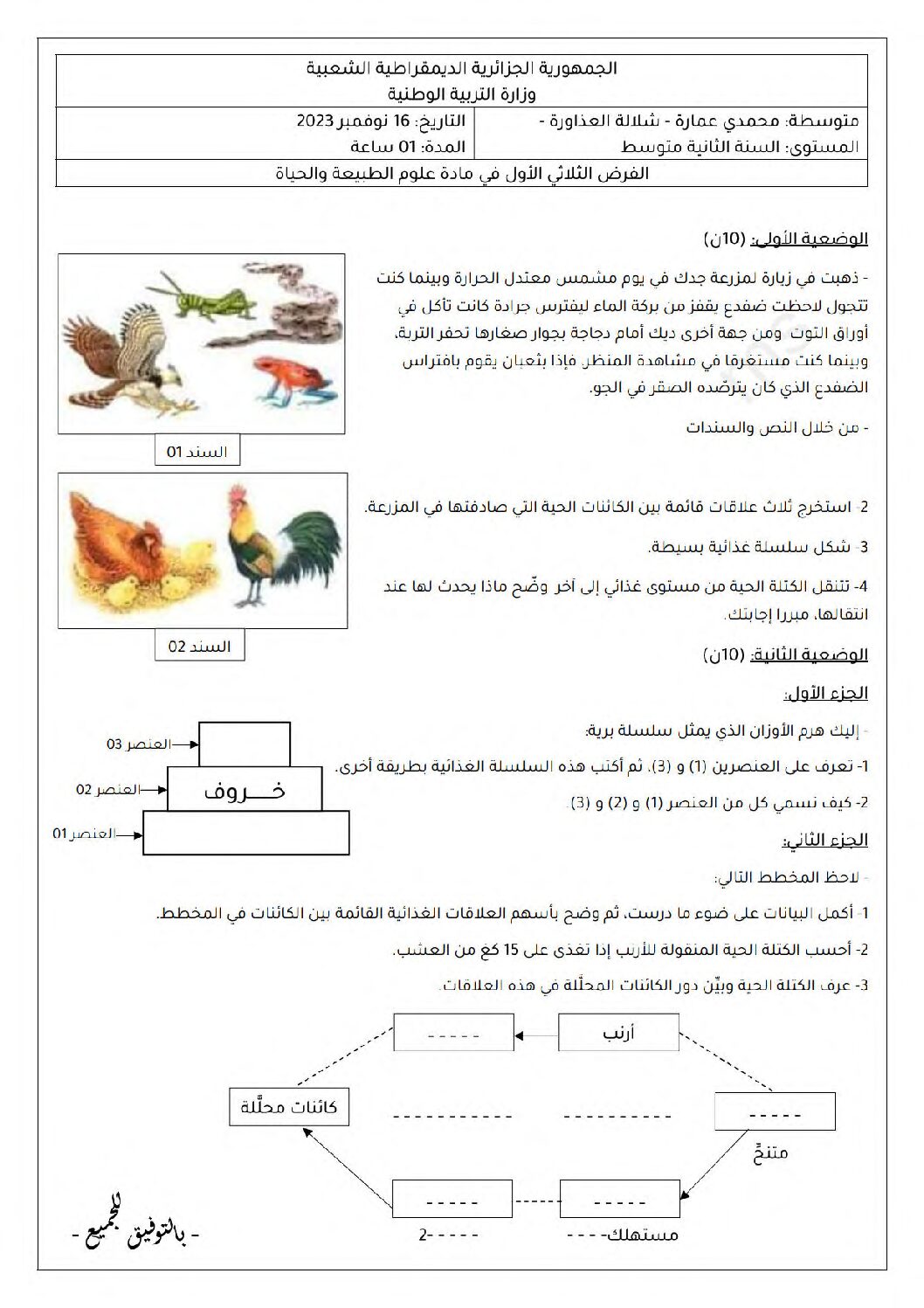 فرض في العلوم الطبيعية الفصل الأول السنة الثانية متوسط رقم 65