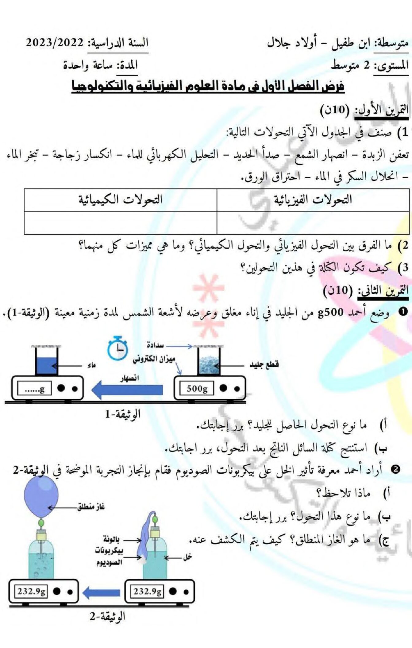 فرض في العلوم الفيزيائية الفصل الأول السنة الثانية متوسط رقم 52