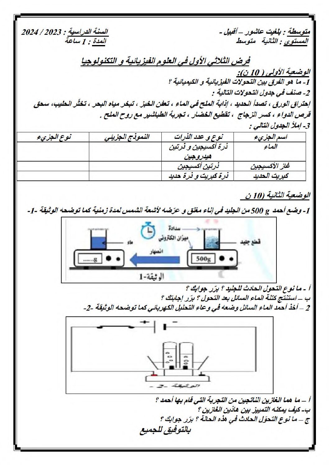 فرض في العلوم الفيزيائية الفصل الأول السنة الثانية متوسط رقم 55