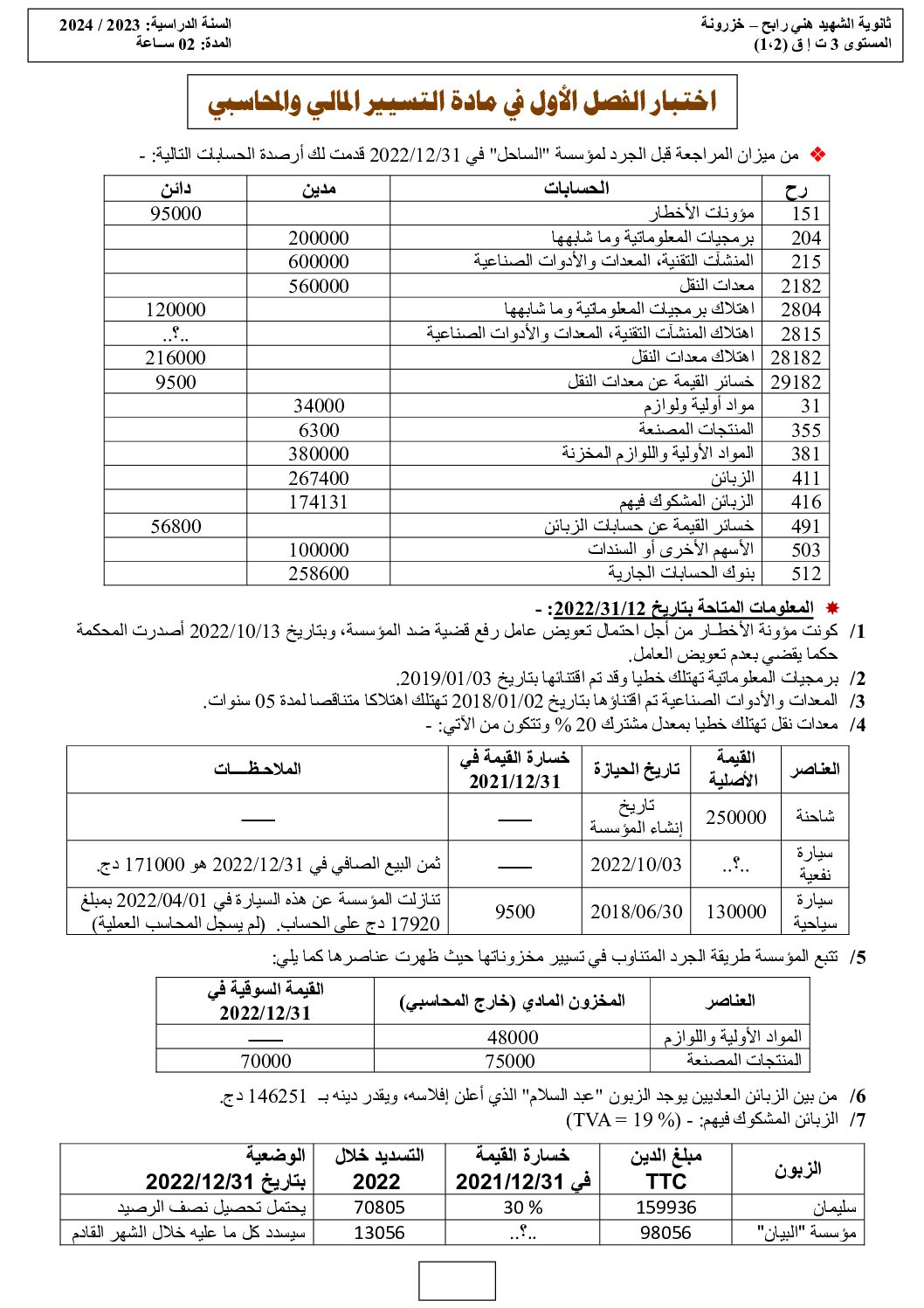 اختبار في التسيير المحاسبي الفصل الأول السنة الثالثة ثانوي رقم 58