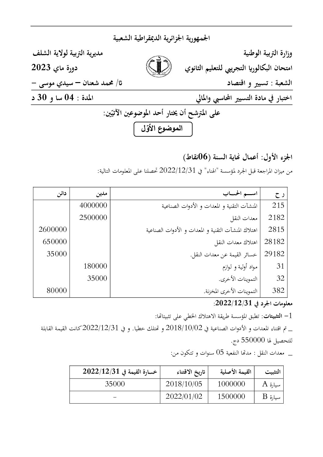 اختبار في التسيير المحاسبي الفصل الثالث السنة الثالثة ثانوي رقم 55
