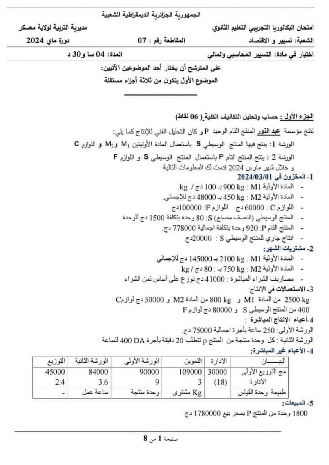 اختبار في التسيير المحاسبي الفصل الثالث السنة الثالثة ثانوي رقم 57