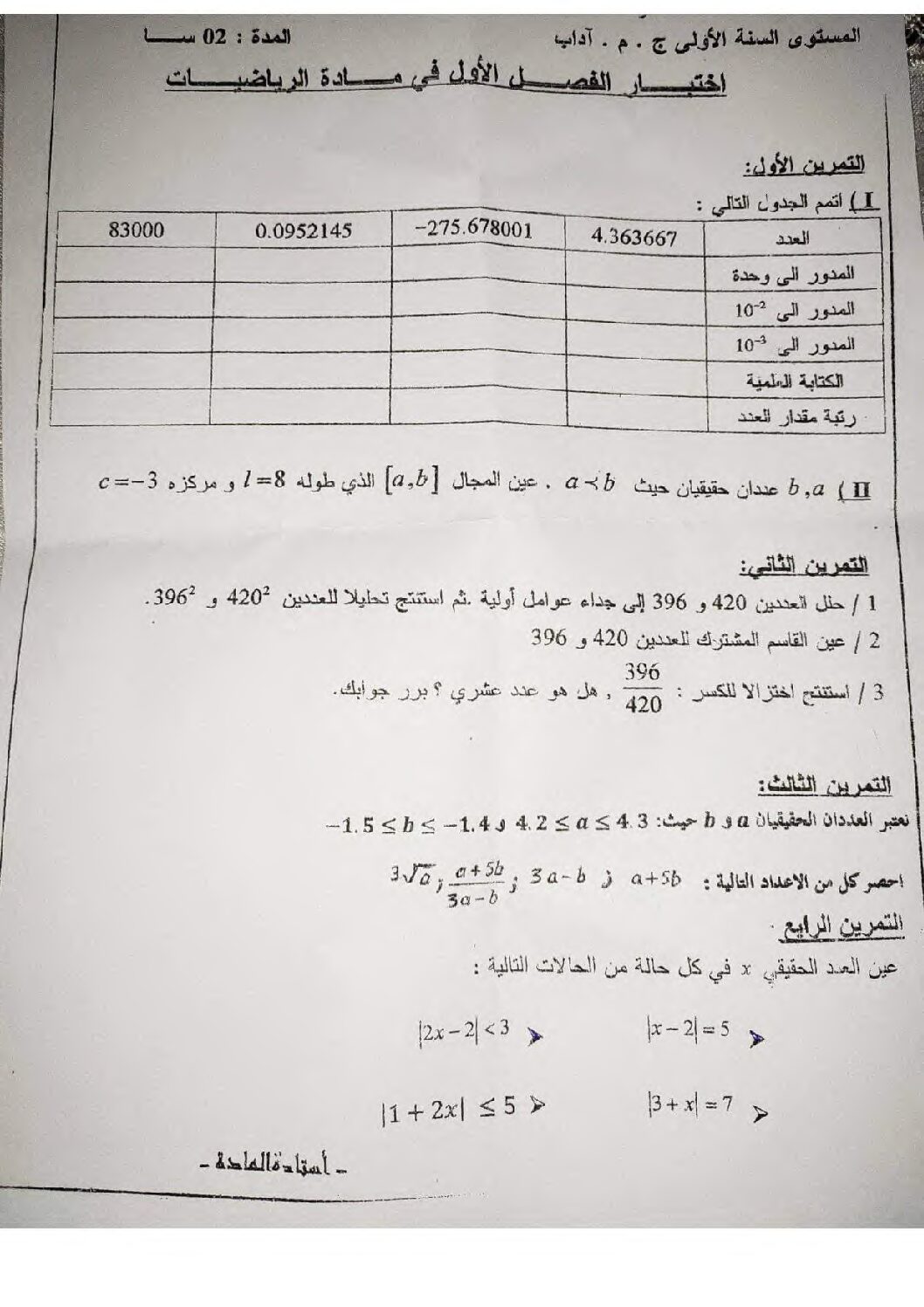 اختبار في الرياضيات الفصل الأول السنة الأولى ثانوي ج م آ رقم 32