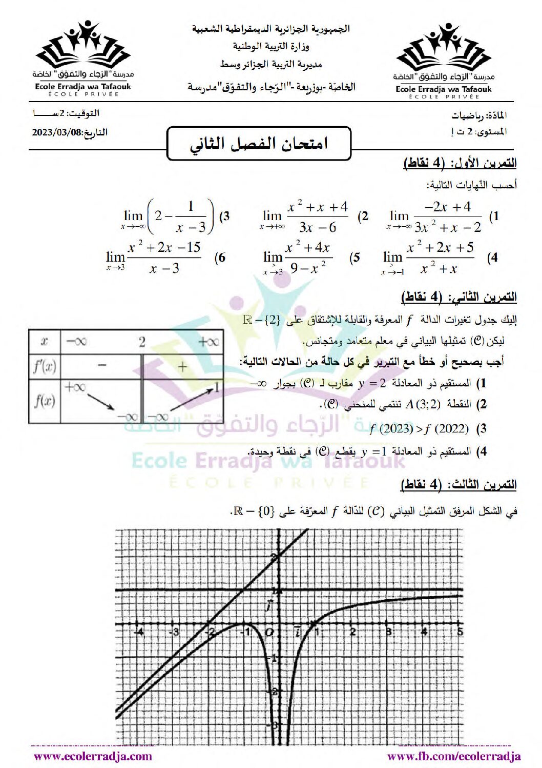 اختبار في الرياضيات الفصل الثاني السنة الثانية ثانوي تسيير رقم 28 مع التصحيح