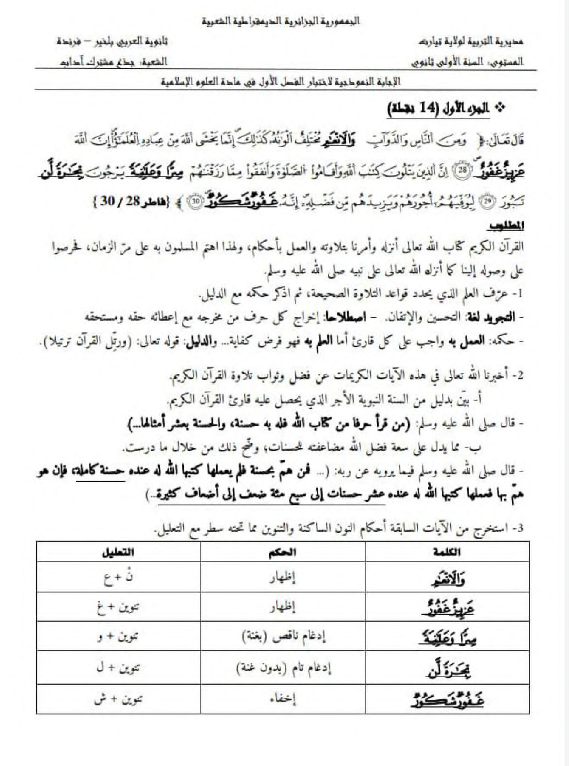 اختبار في العلوم الإسلامية الفصل الأول السنة الأولى ثانوي ج م آ رقم 22