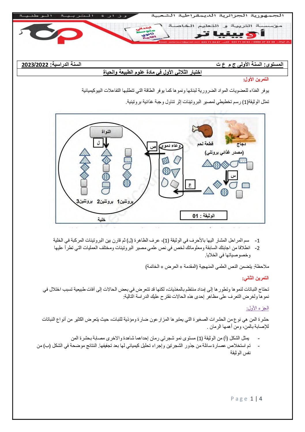 اختبار في العلوم الطبيعية الفصل الأول السنة الأولى ثانوي رقم 55 مع التصحيح
