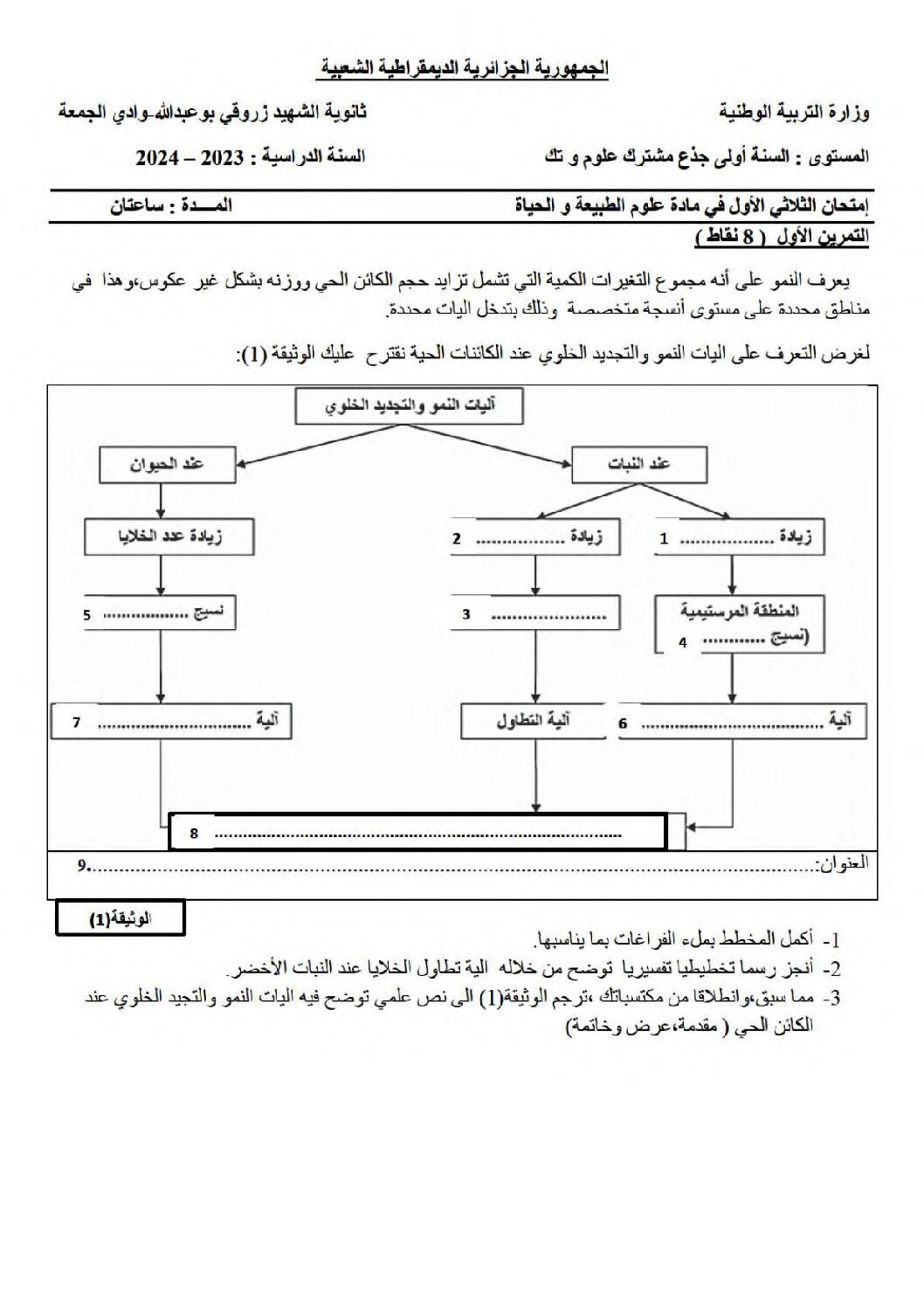 اختبار في العلوم الطبيعية الفصل الأول السنة الأولى ثانوي رقم 68 مع التصحيح