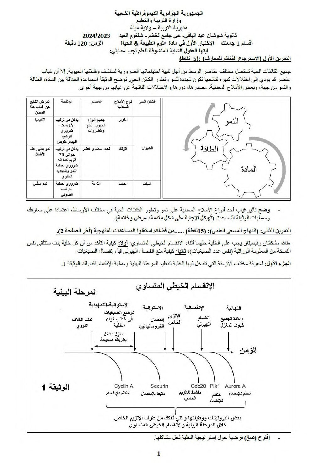 اختبار في العلوم الطبيعية الفصل الأول السنة الأولى ثانوي رقم 73 مع التصحيح