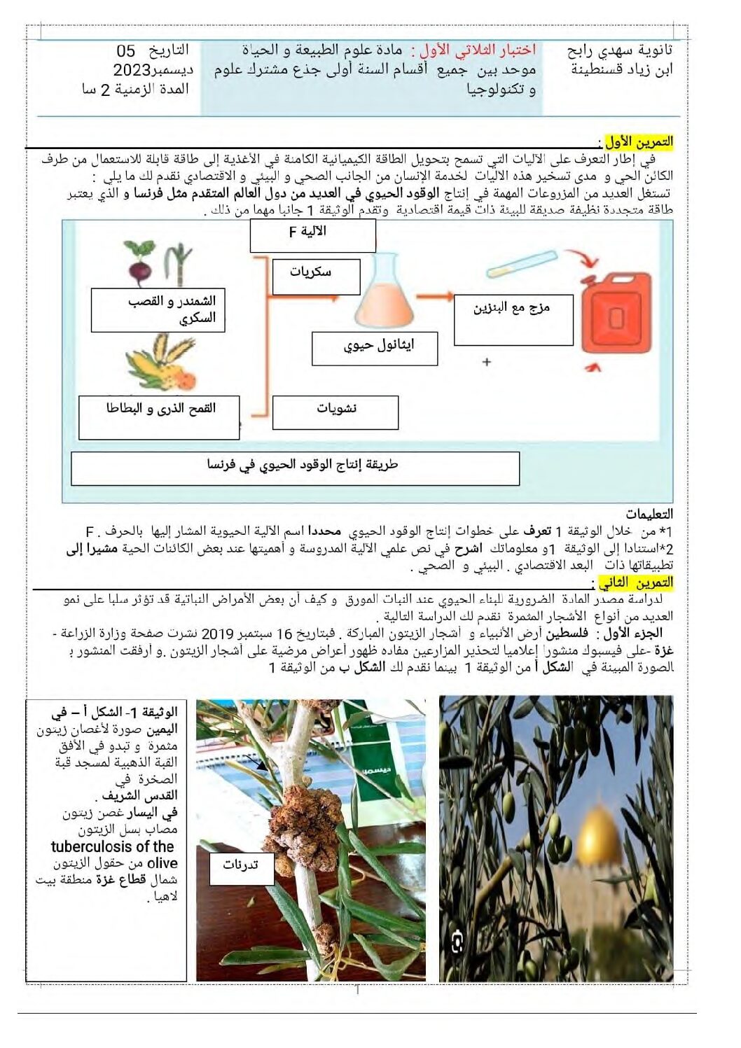 اختبار في العلوم الطبيعية الفصل الأول السنة الأولى ثانوي رقم 74 مع التصحيح