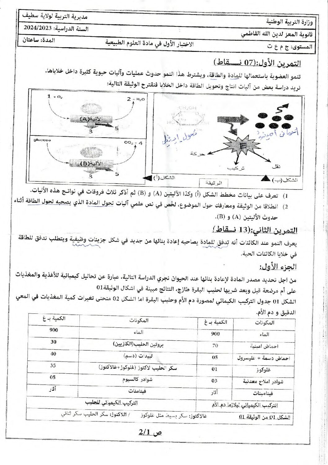 اختبار في العلوم الطبيعية الفصل الأول السنة الأولى ثانوي رقم 75