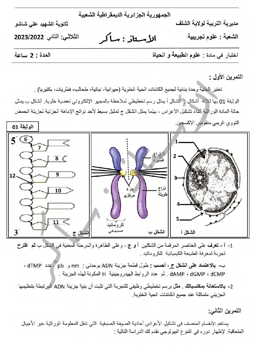 اختبار في العلوم الطبيعية الفصل الأول السنة الثانية ثانوي علوم تجريبية رقم 65