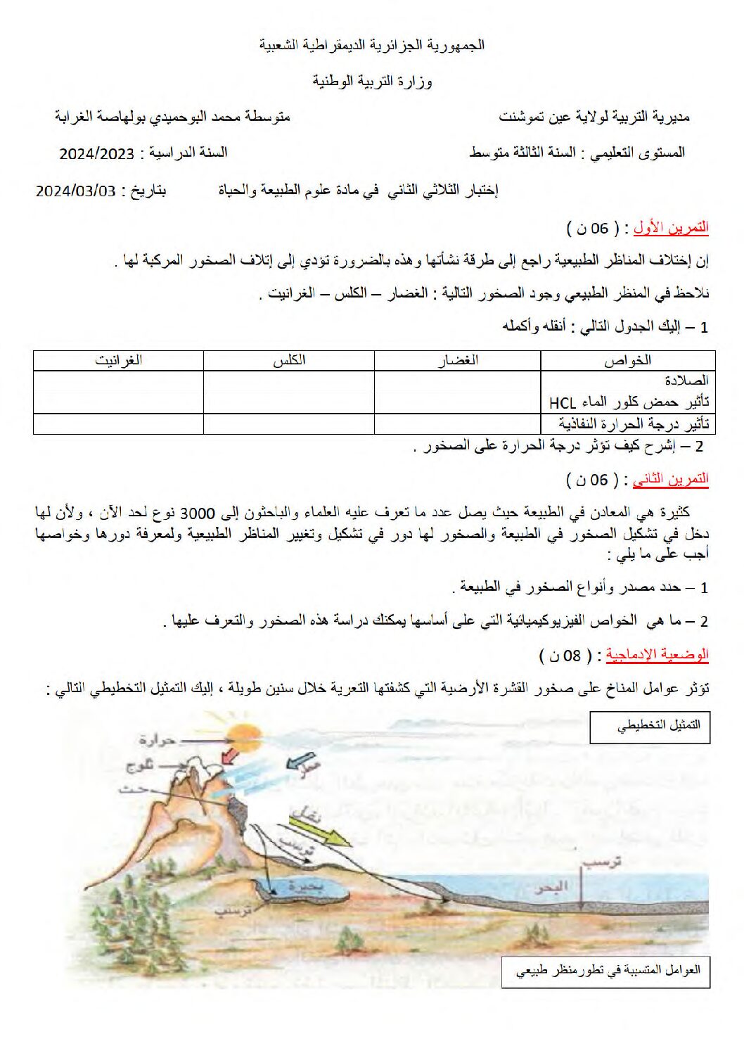 اختبار في العلوم الطبيعية الفصل الثاني السنة الثالثة متوسط رقم 55