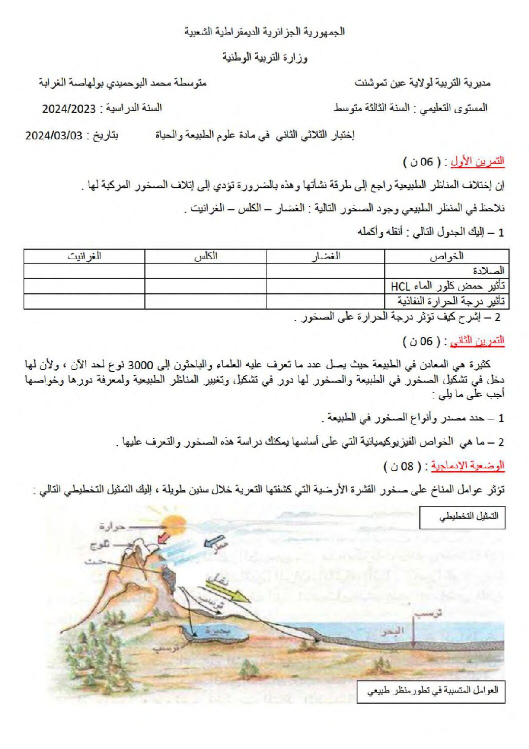 اختبار في العلوم الطبيعية الفصل الثاني السنة الثالثة متوسط رقم 56