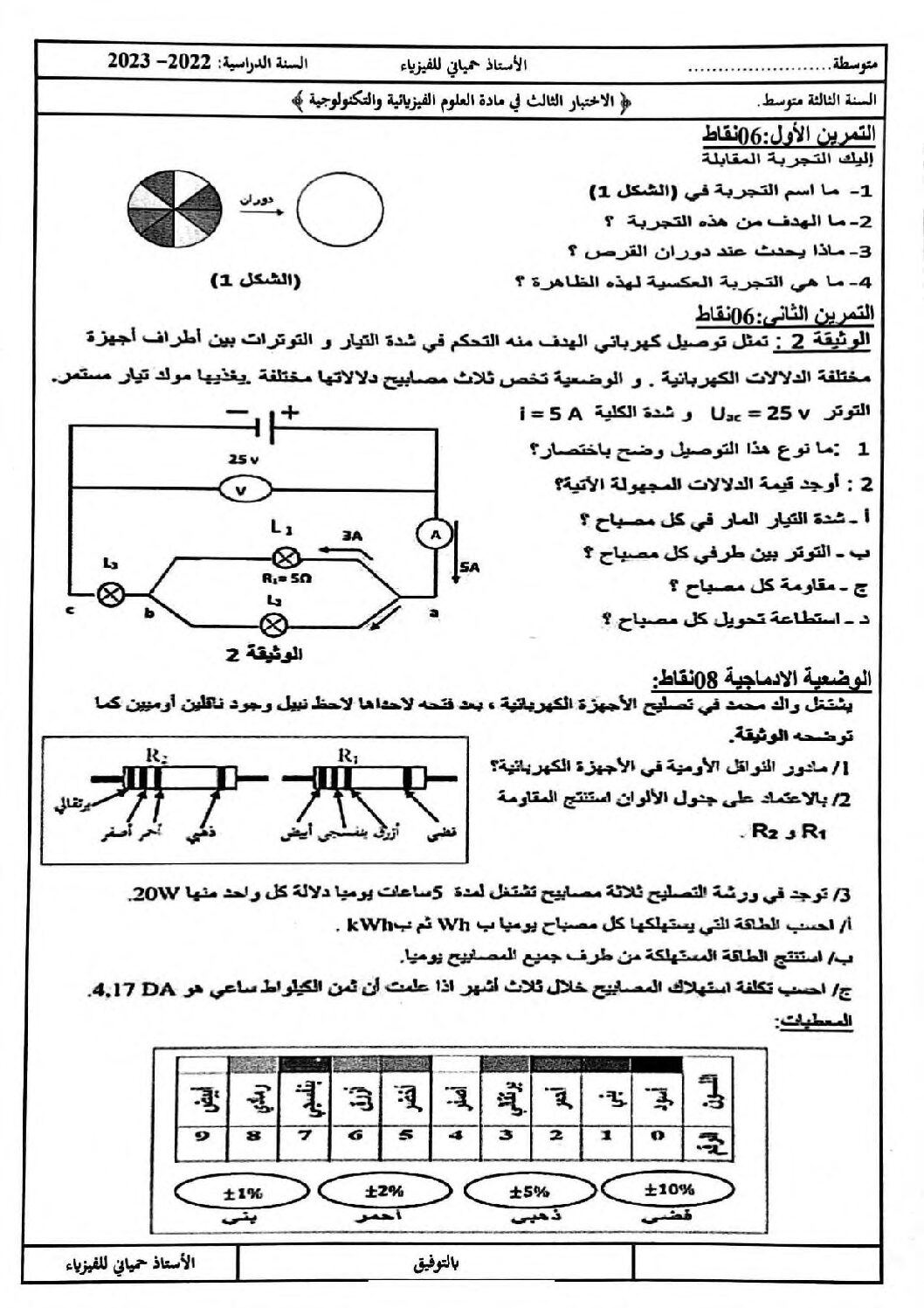 اختبار في العلوم الفيزيائية الفصل الثالث السنة الثالثة متوسط رقم 41
