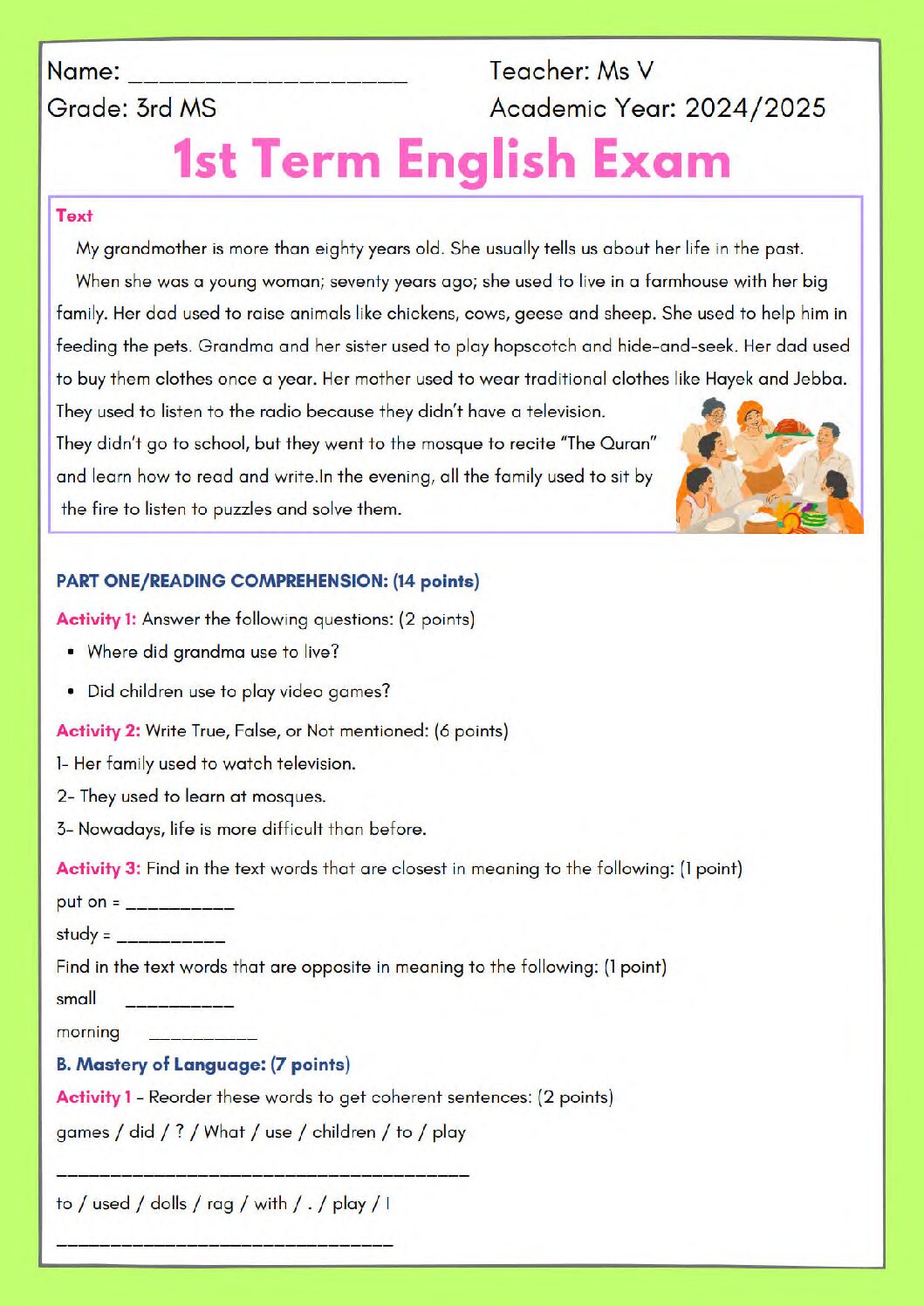 اختبار في اللغة الإنجليزية الفصل الأول السنة الثالثة متوسط رقم 58