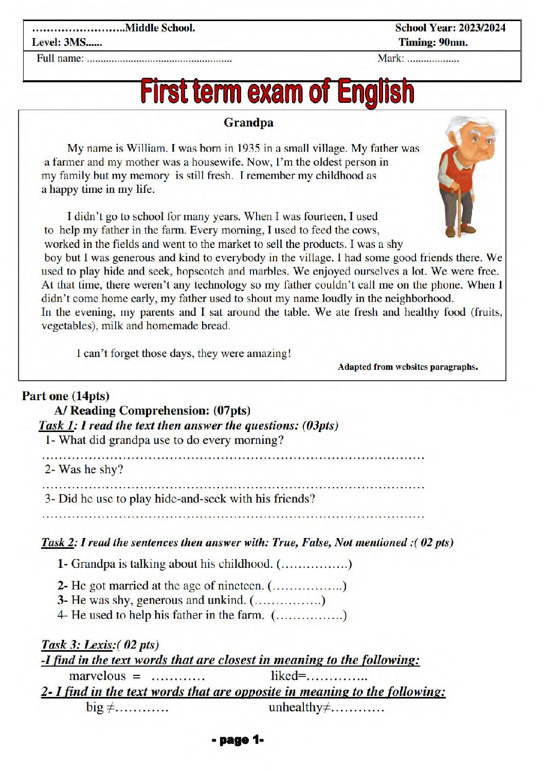 اختبار في اللغة الإنجليزية الفصل الأول السنة الثالثة متوسط رقم 62