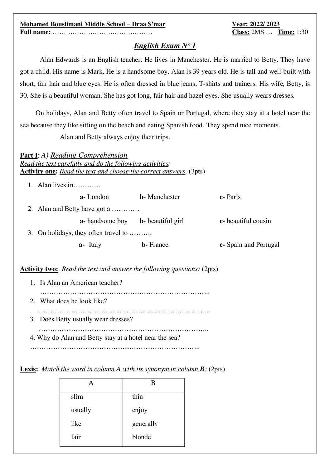 اختبار في اللغة الإنجليزية الفصل الأول السنة الثانية متوسط رقم 43