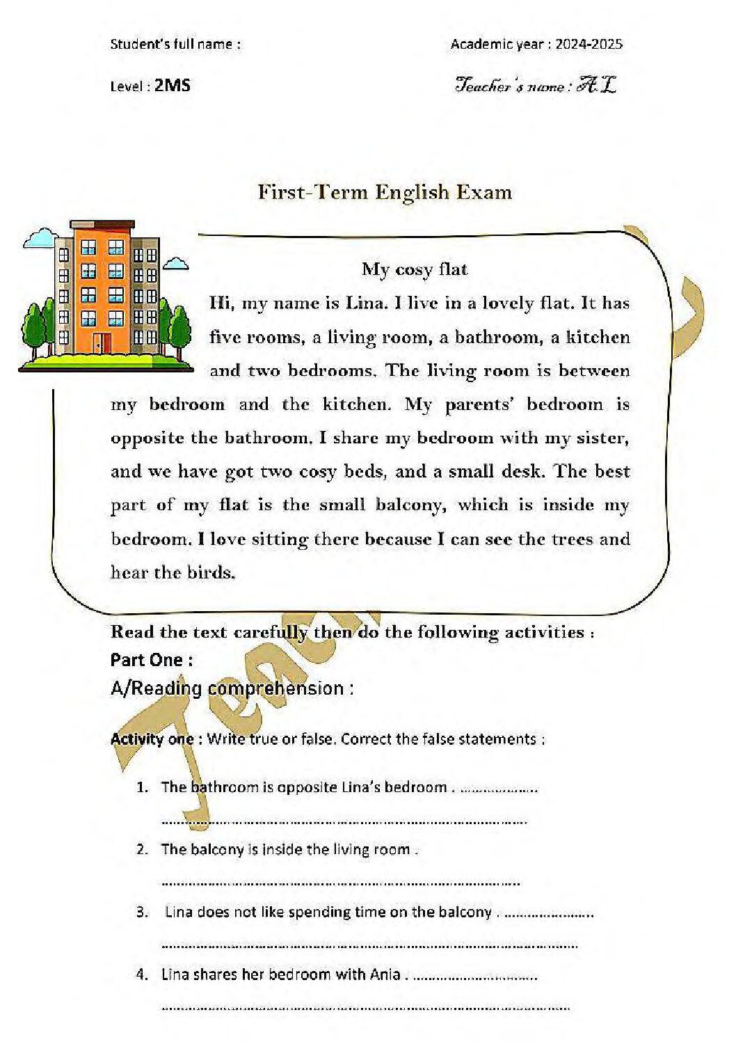 اختبار في اللغة الإنجليزية الفصل الأول السنة الثانية متوسط رقم 52