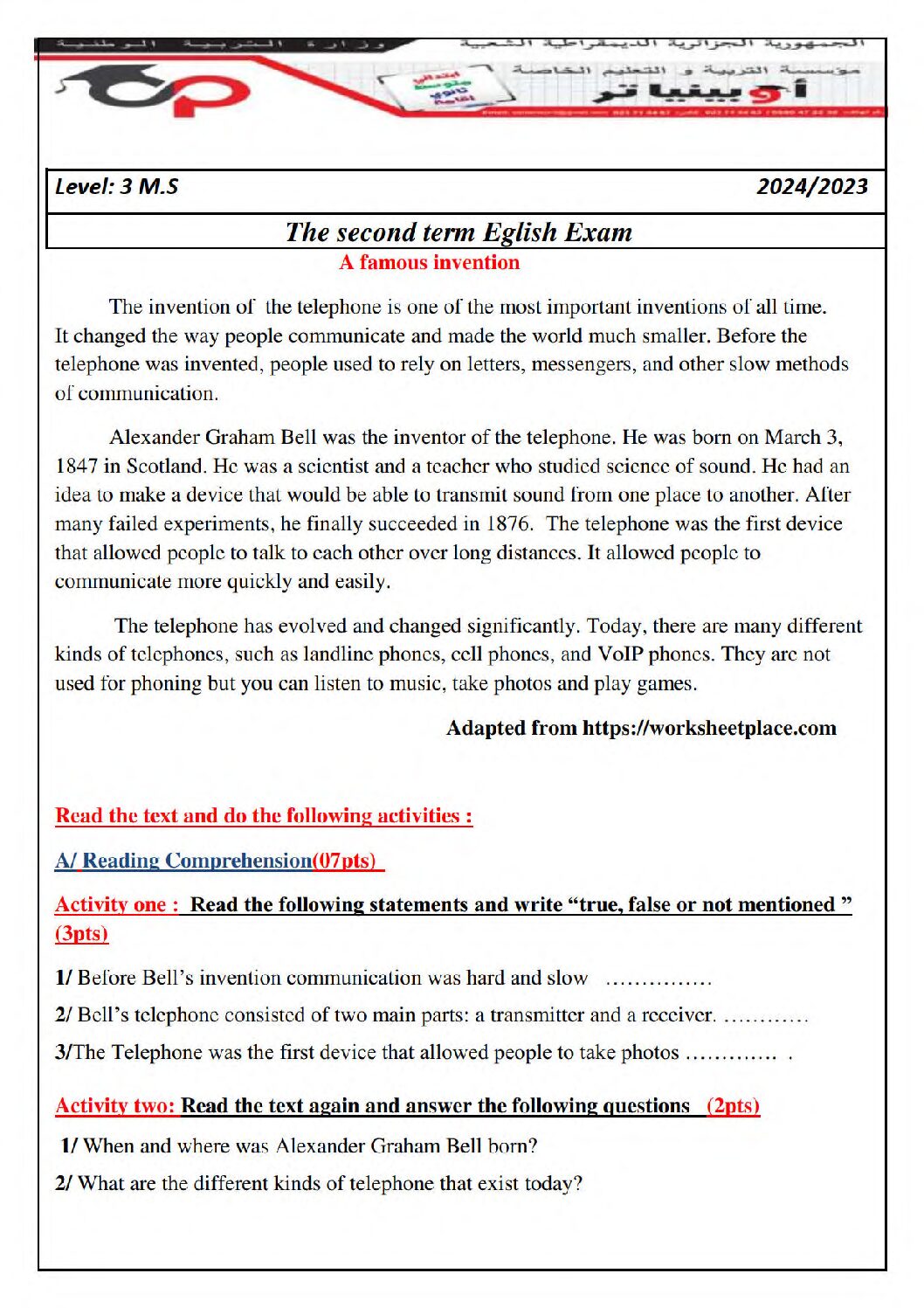 اختبار في اللغة الإنجليزية الفصل الثاني السنة الثالثة متوسط رقم 46