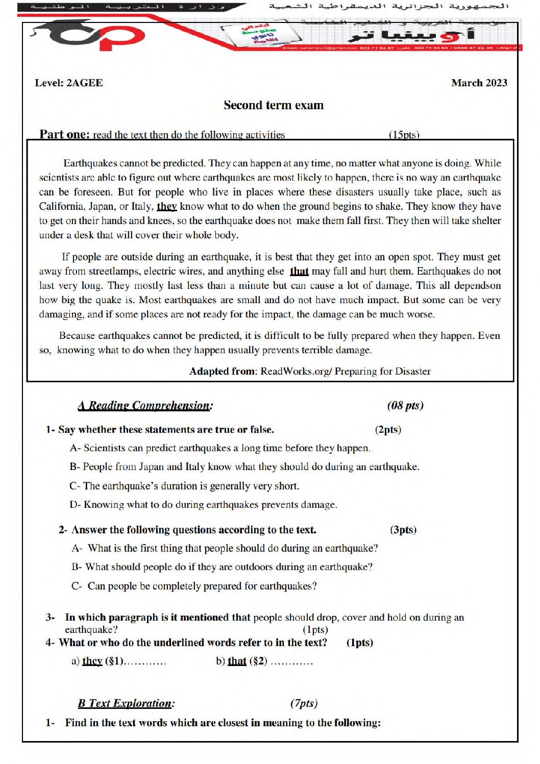 اختبار في اللغة الإنجليزية الفصل الثاني السنة الثانية ثانوي علمي رقم 38 مع التصحيح