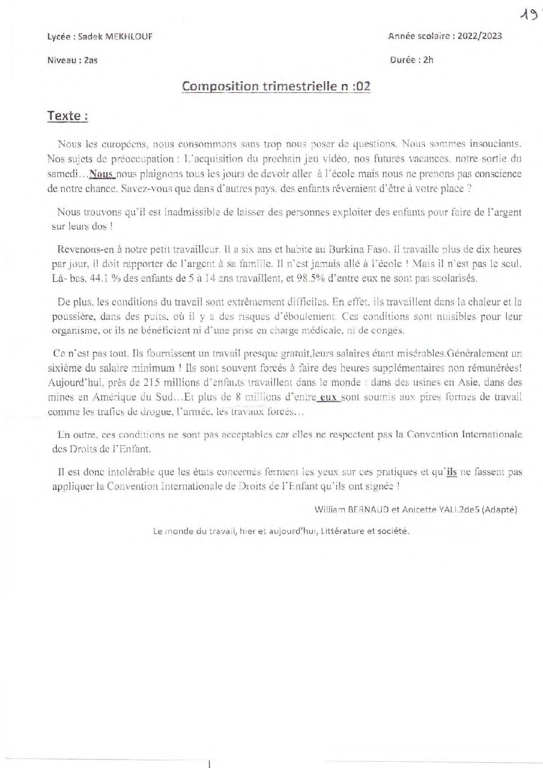 اختبار في اللغة الفرنسية الفصل الثاني السنة الثانية ثانوي علمي رقم 26