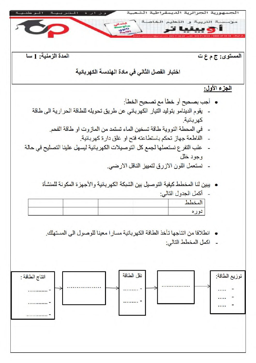 اختبار في الهندسة الكهربائية الفصل الثاني السنة الأولى ثانوي رقم 43 مع التصحيح