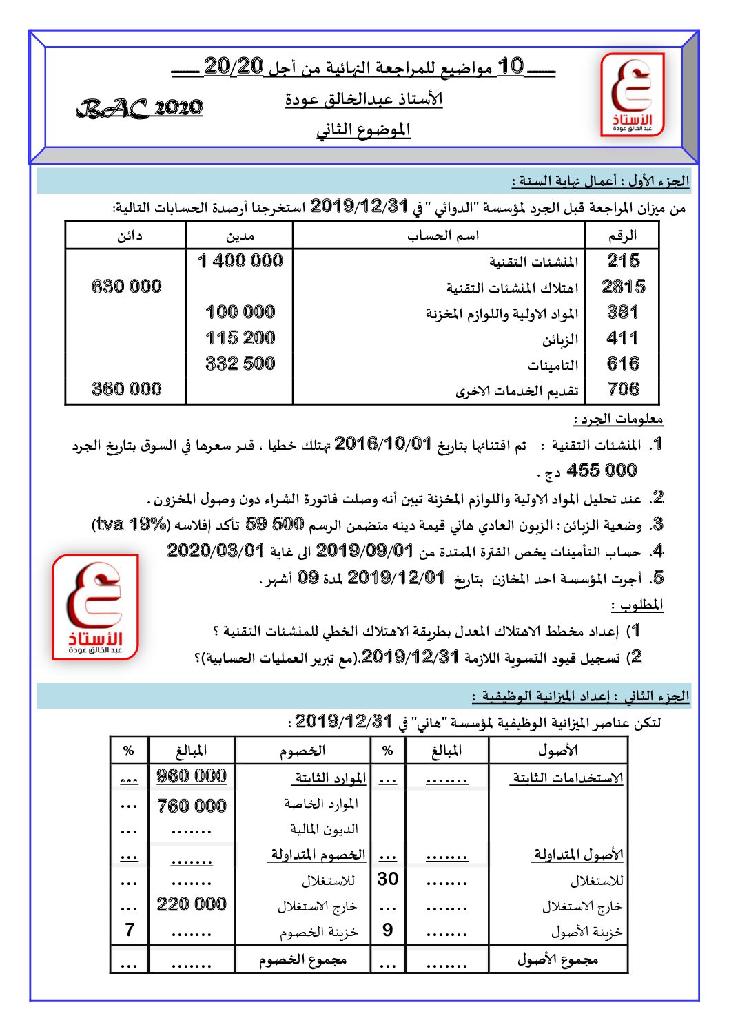 اختبار مقترح رقم 02 مع الاجابة لشهادة البكالوريا في الاقتصاد للأستاذ عودة عبد الخالق 3 ثانوي