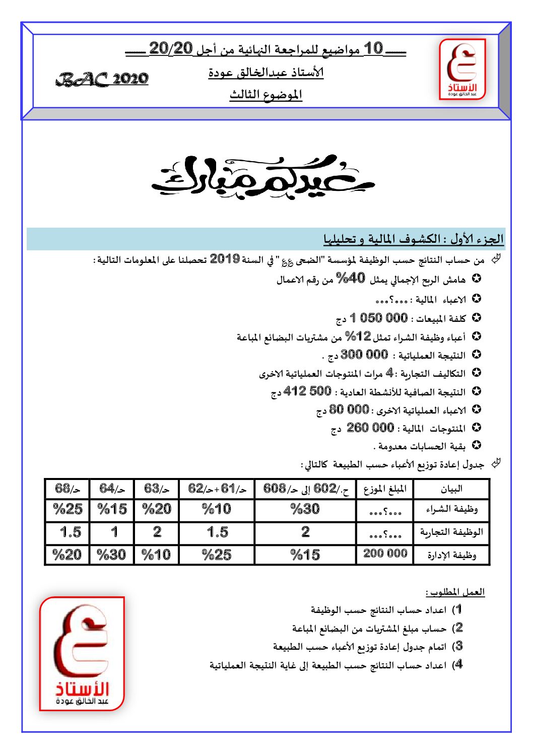 اختبار مقترح رقم 03 مع الاجابة لشهادة البكالوريا في الاقتصاد للأستاذ عودة عبد الخالق 3 ثانوي