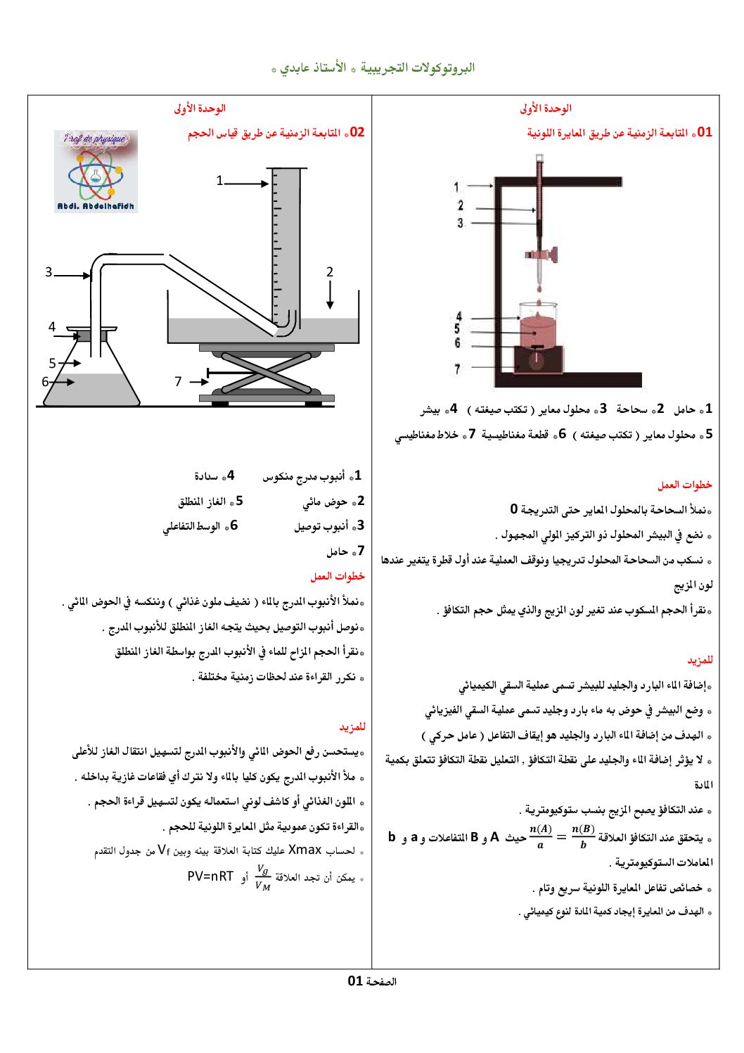 البروتوكولات التجريبية الخاصة بالوحدة الاولى في مادة الفيزياء للأستاذ عابدي 3 ثانوي
