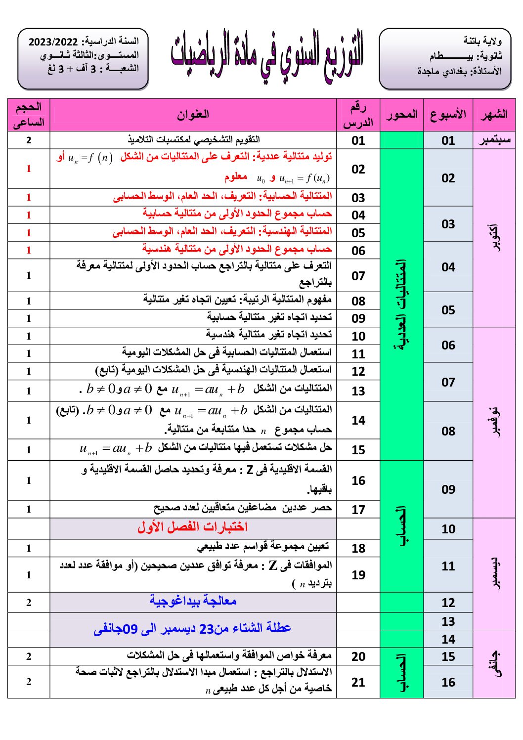 التوزيع السنوى لمادة الرياضيات للسنة الثالثة ثانوي للشعب الأدبية للأستاذة ماجدة بغدادى 2023