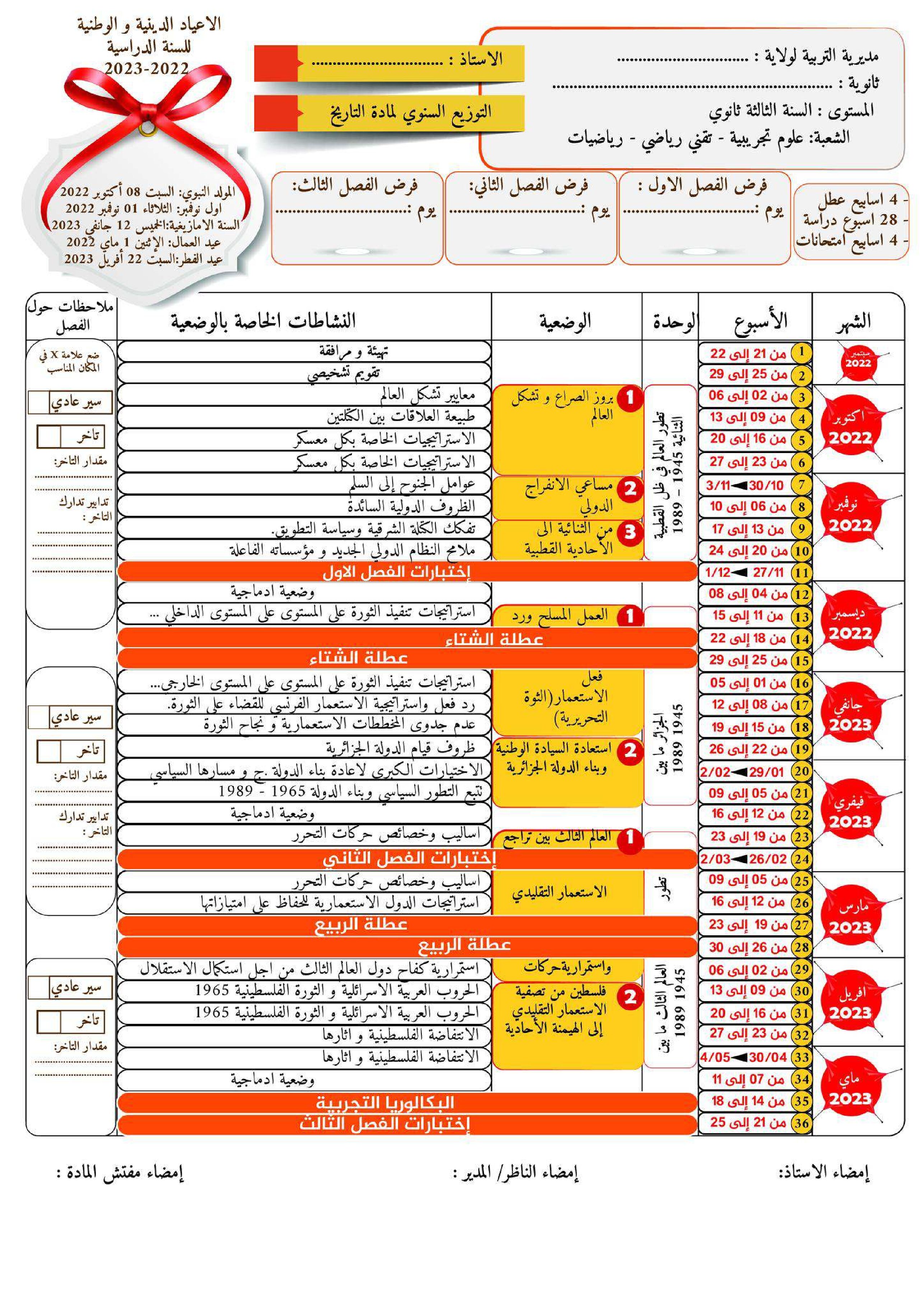 التوزيع السنوي لمادة التاريخ للشعب العلمية 2023 3 ثانوي