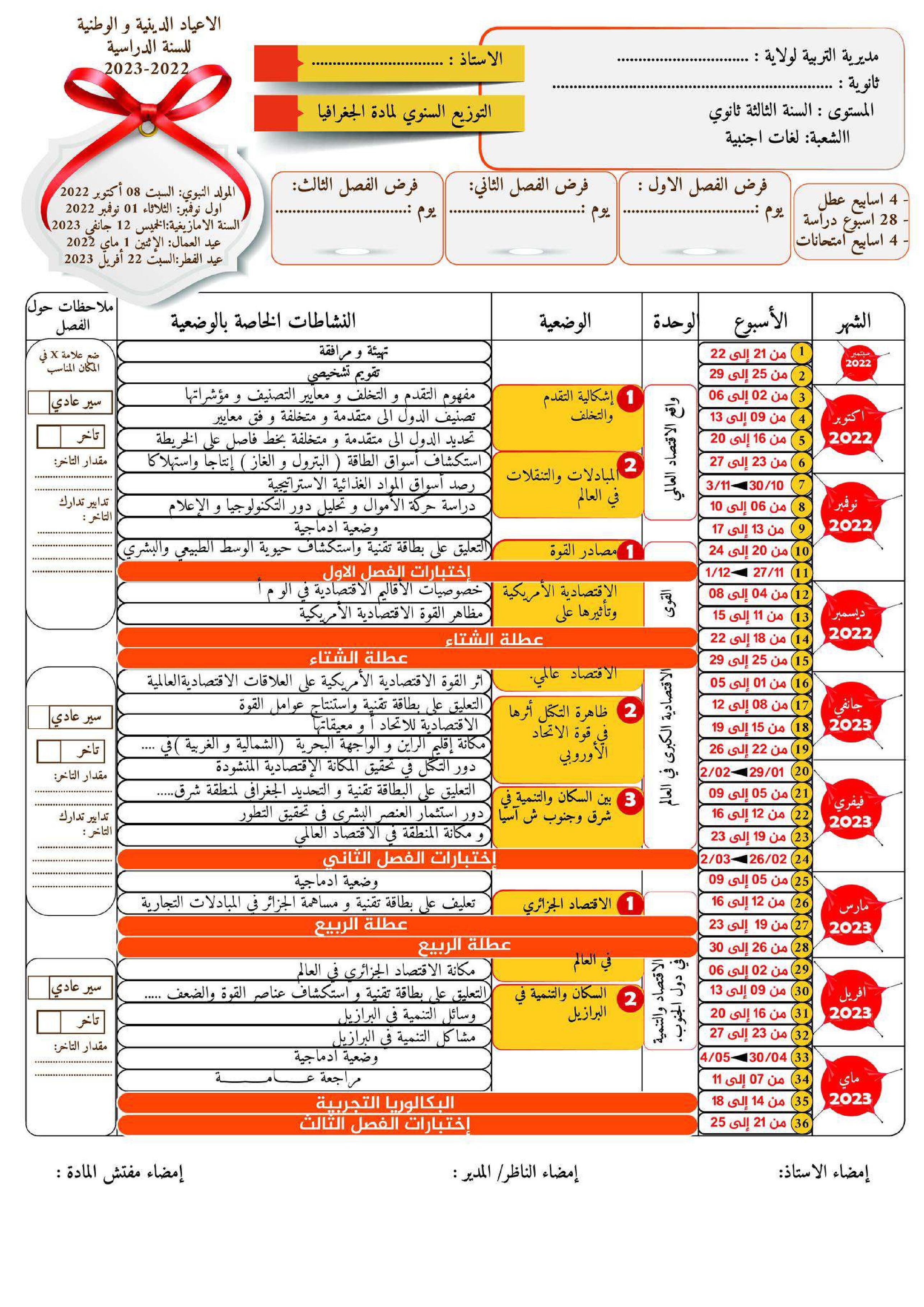 التوزيع السنوي لمادة الجغرافيا شعبة اللغات الاجنبية 2023 3 ثانوي