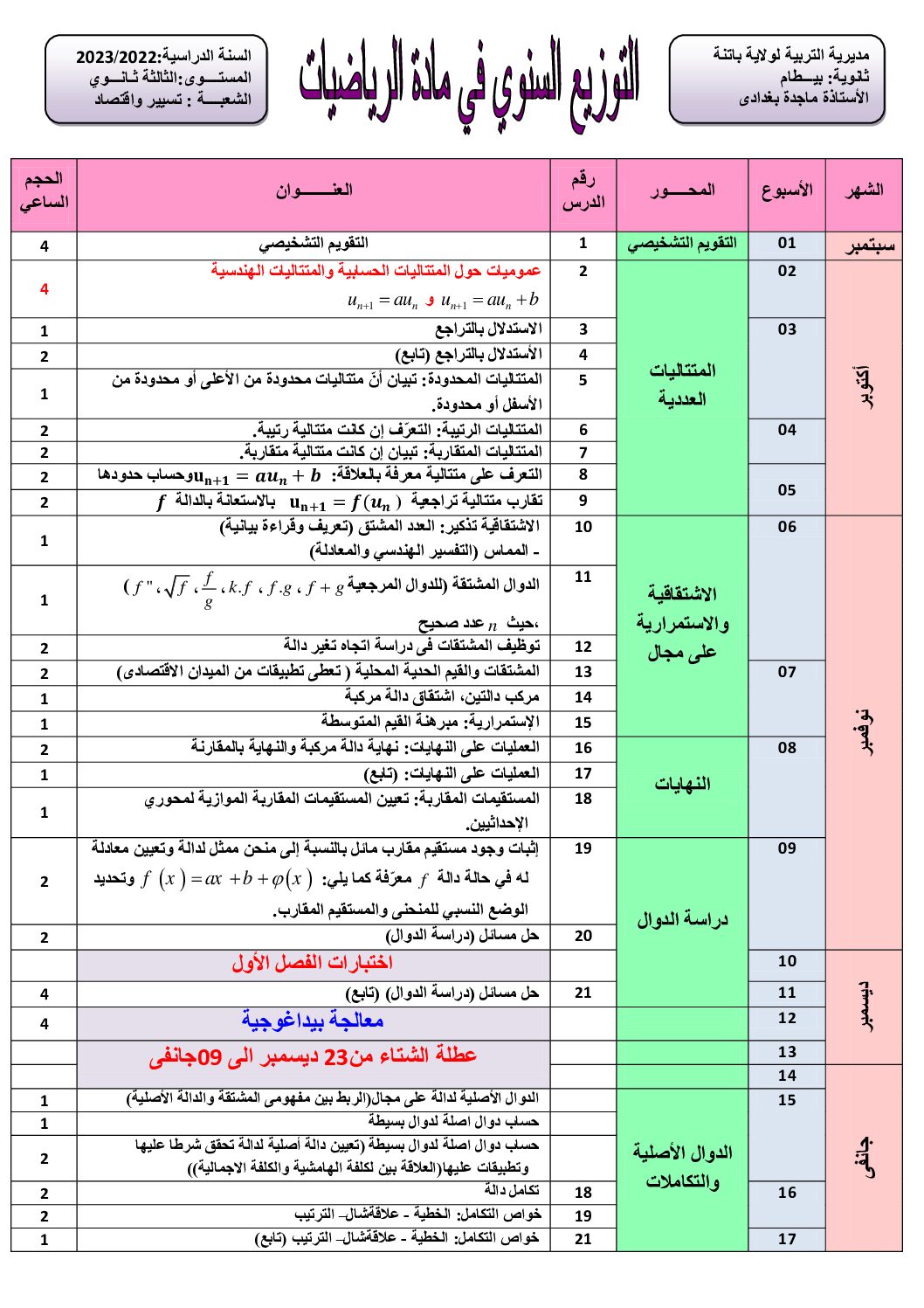 التوزيع السنوي لمادة الرياضيات للسنة الثالثة ثانوي شعبة تسيير واقتصاد للأستاذة ماجدة بغدادى 2023