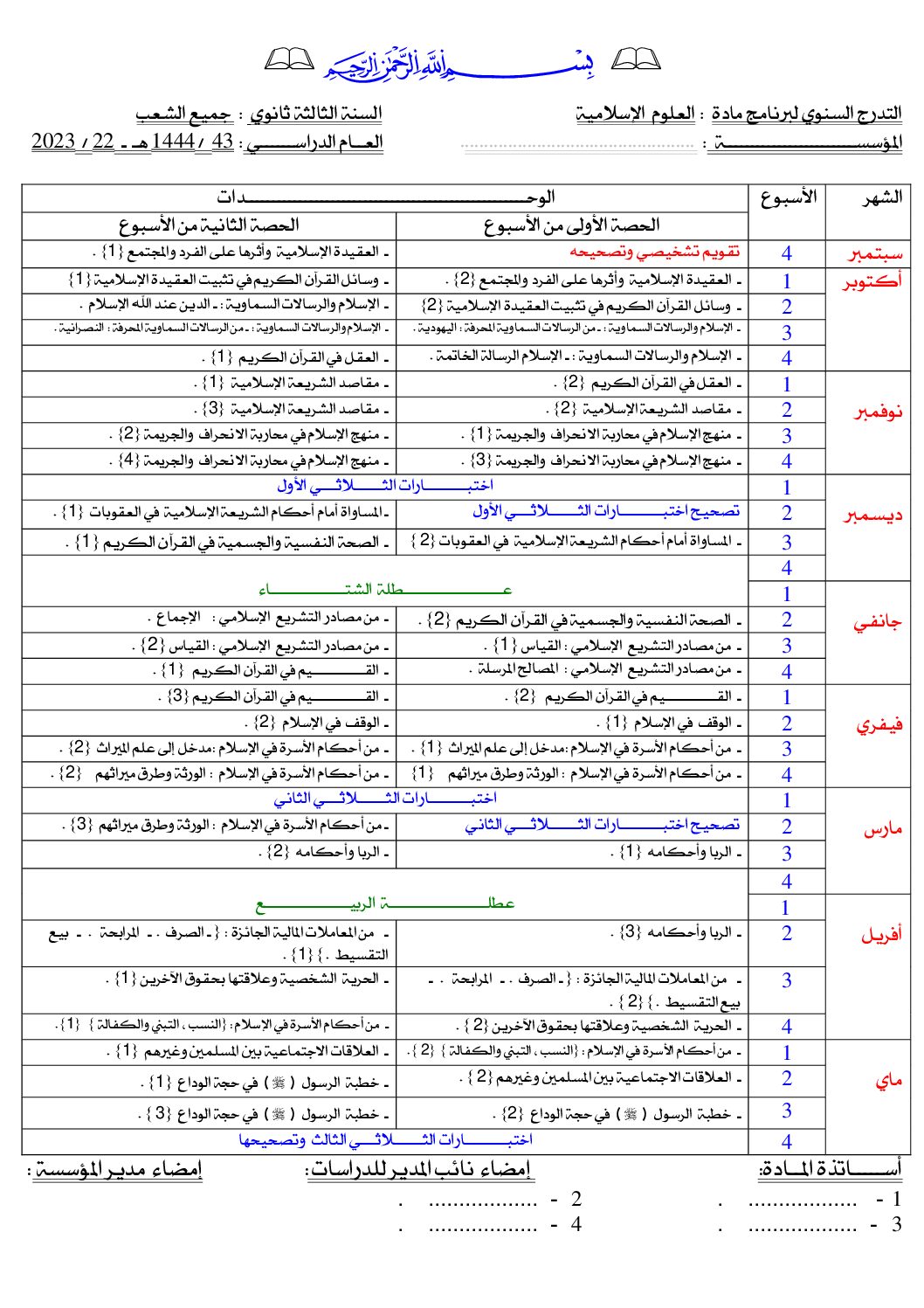 التوزيع السنوي لمادة العلوم الاسلامية 2023 3 ثانوي