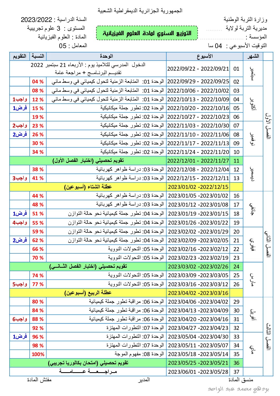 التوزيع السنوي لمادة العلوم الفيزيائية شعبة علوم تجريبية 2023 3 ثانوي