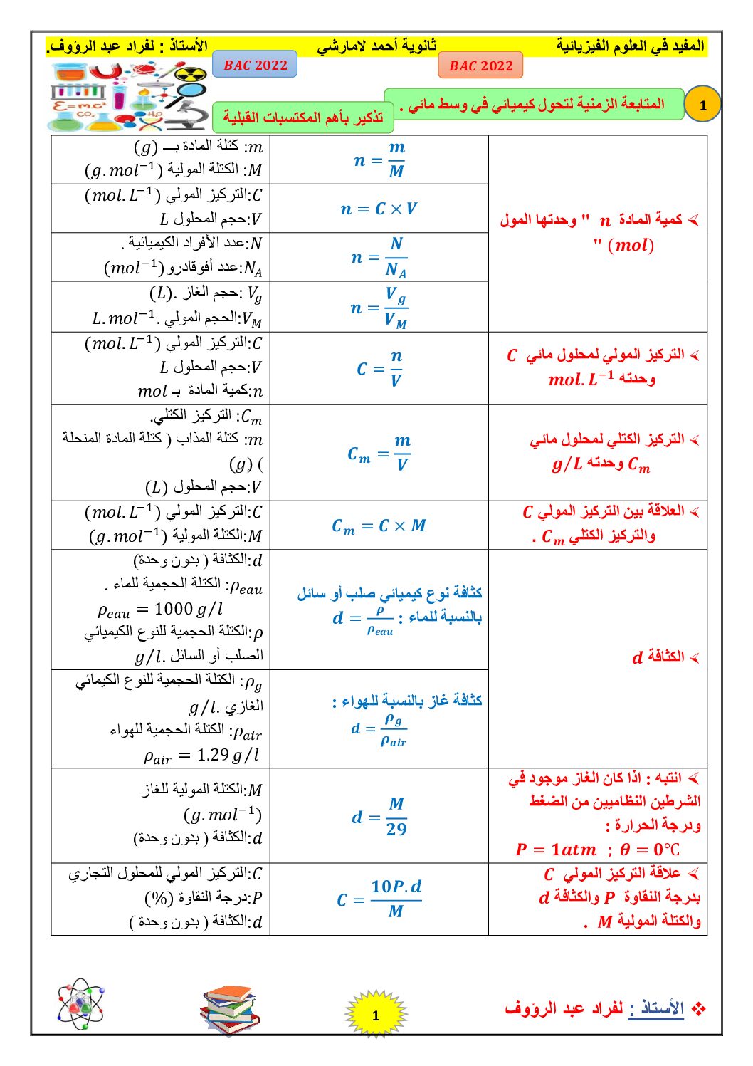 المكتسبات القبلية للوحدة الاولى لطلاب البكالوريا من اعداد الاستاذ لفراد عبد الرؤوف 3 ثانوي