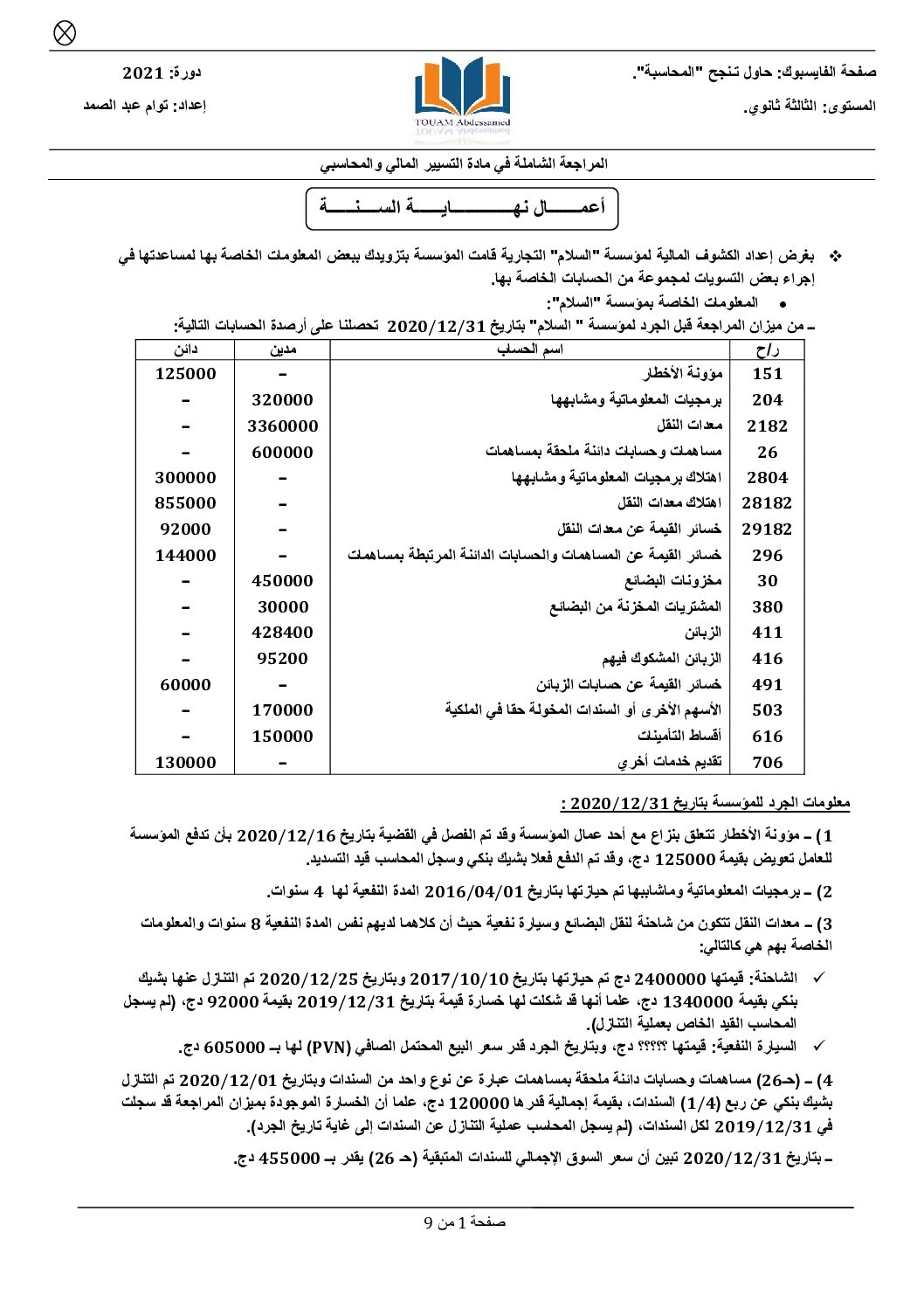 الموضوع الشامل في أعمال نهاية السنة مع الحل في المحاسبة للأستاذ توام عبد الصمد 3 ثانوي
