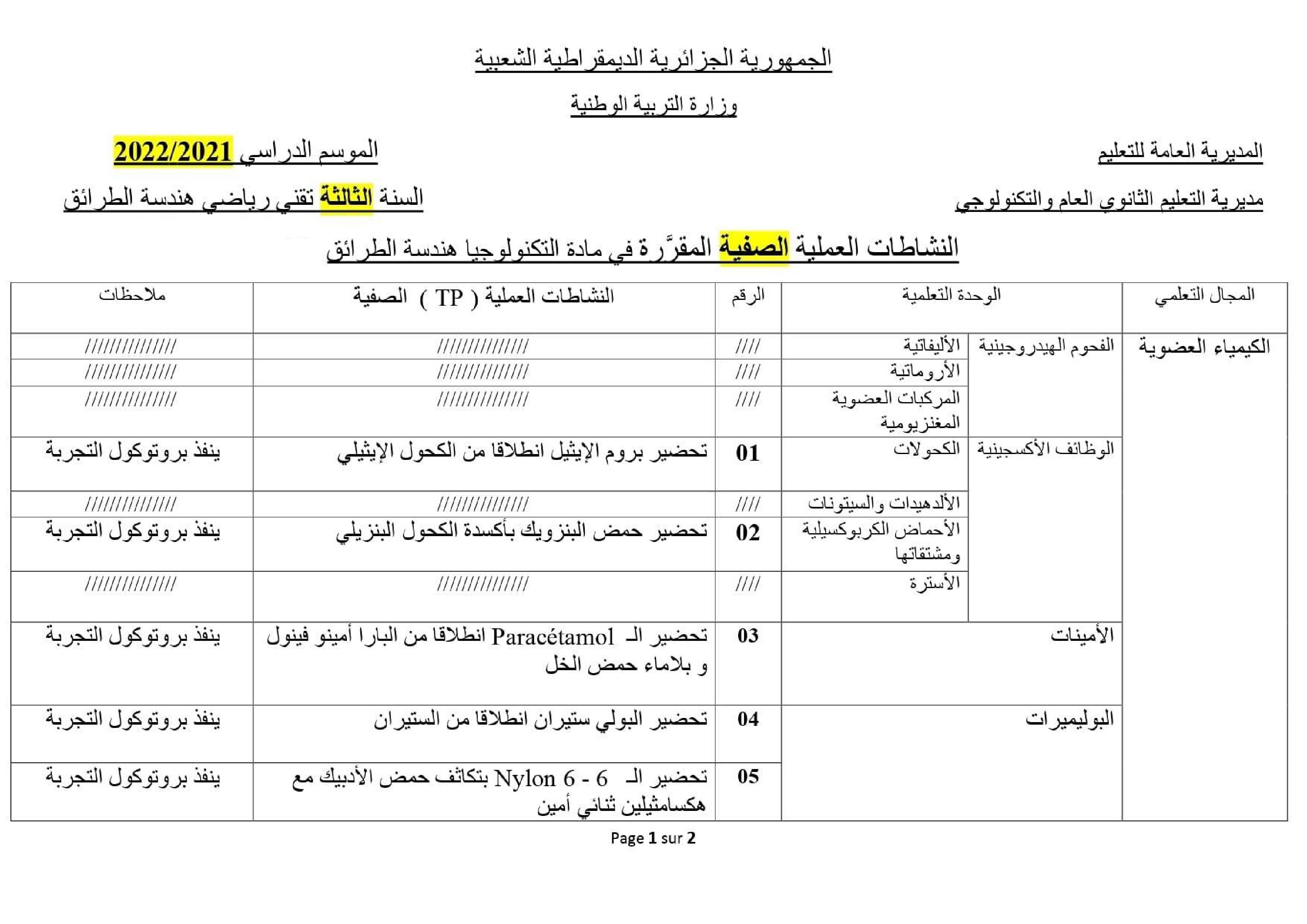 النشاطات العملية الصفية المقررة في مادة هندسة الطرائق 3 ثانوي