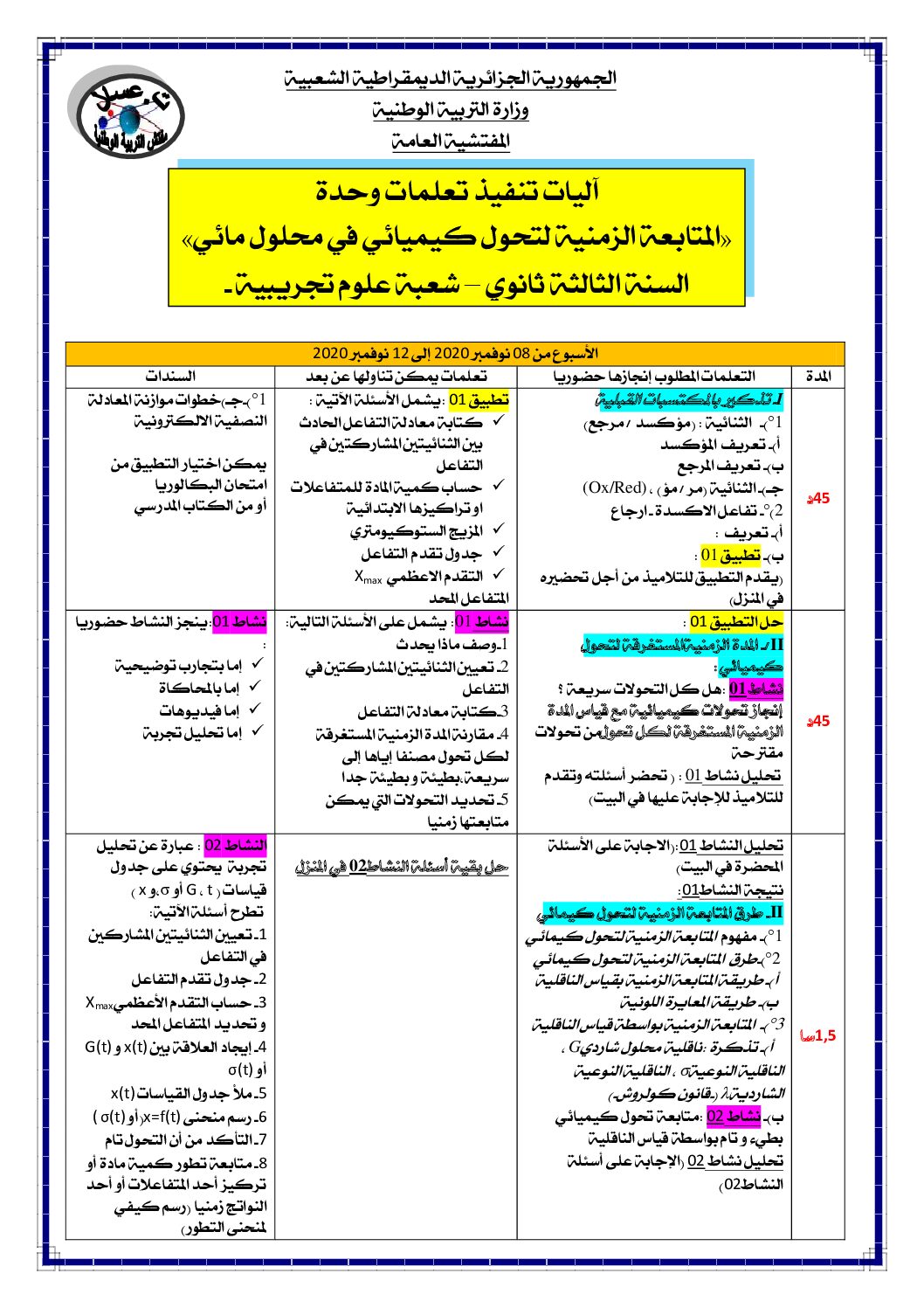 اليات تنفيذ تعلمات وحدة المتابعة الزمنية لتحول كيميائي في محلول مائي 3 ثانوي