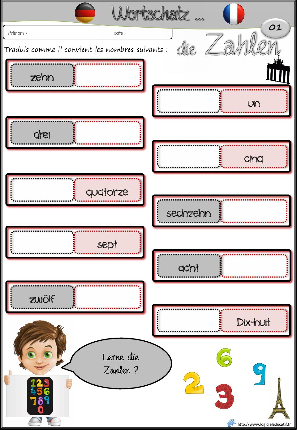 بطاقات لغة ألمانية Les nombres 01