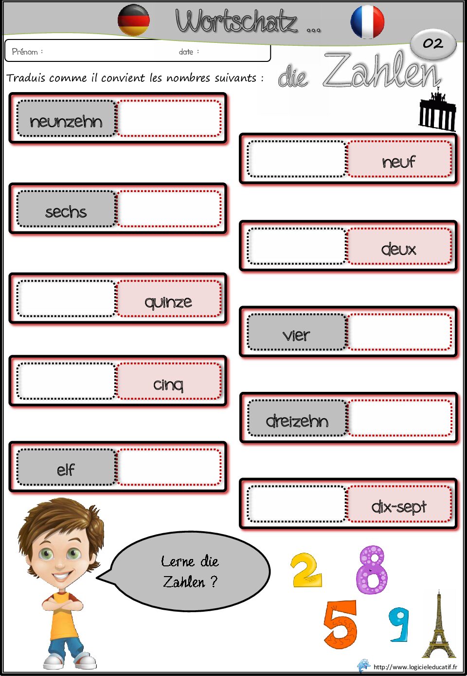 بطاقات لغة ألمانية Les nombres 02