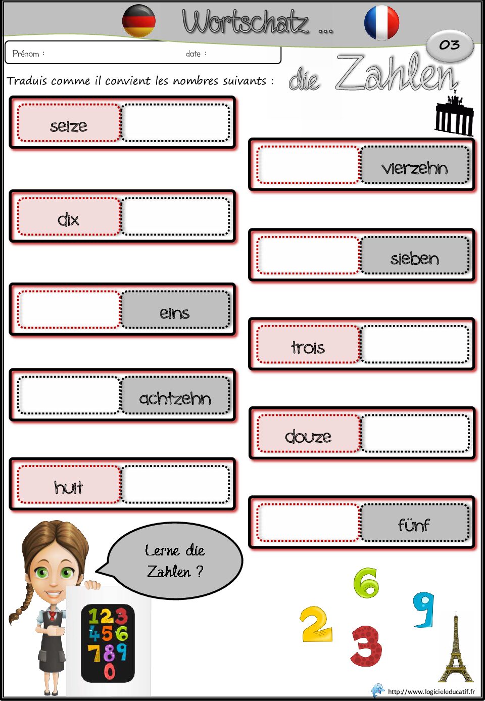 بطاقات لغة ألمانية Les nombres 03